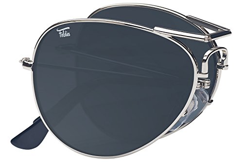 Foldies Polarized Folding Sunglasses – Scratch Resistant Lens Coating – Collapsible Frame – Premium Leather Case – Stylish with an Easy to Carry Twist – Aviators (Silver Frame - Black Lenses)