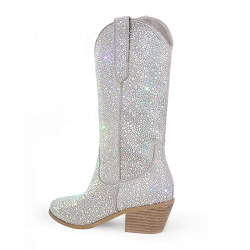 Richealnana Rhinestones Boots Calf Mid High Boots For Women 2Inch Heels Shining Bling Comfortable Pull On Tabs Boots Silver Size9 #TOP3