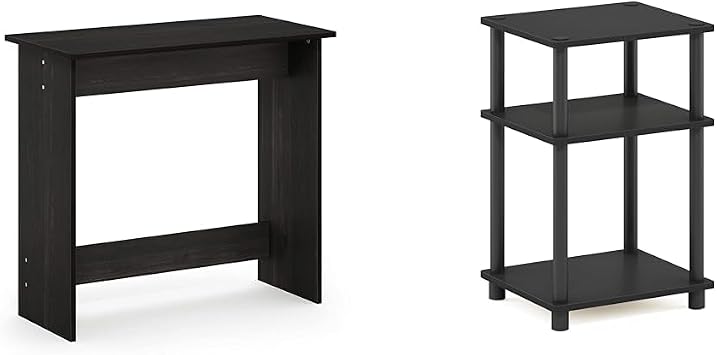 Furinno Simplistic Study Table, Espresso & Just 3-Tier Turn-N-Tube End Table/Side Table/Night Stand/Bedside Table with Plastic Poles, 1-Pack, Americano/Black