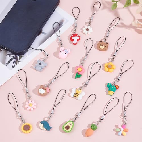 HOBBIESAY 16 Stile Niedlicher Handyanhänger Aus Kunstharz 8.5-9cm Bär Hase Koala Pilz Biene Blume Handyanhänger Kawaii Tierblumen Handyanhänger Für Schlüsselanhänger Handyhülle Geldbörse Dekoration