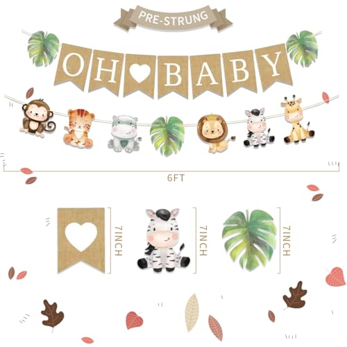 Image of Weecent Pre-Strung 6ft Burlap Oh Baby Banner for Safari Baby Shower Decorations Neutral Jungle Animals Gender Reveal Party Decor