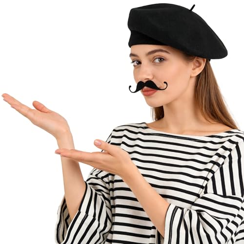 IZUS Adult French Beret Hat and Mustache Mime Artist Party