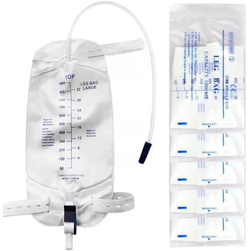 5 Pack Urinary Leg Bag 1000ML, Catheter Bags with Anti-Reflux Valve & 18