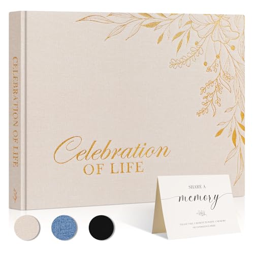 Lanpn Funeral Guest Book for Memorial Service, Linen Cover Celebration of Life Registry Guest Book, Funeral Favors Sign in Books for Guests Memory Book for Funeral with Memory Table Sign, Beige