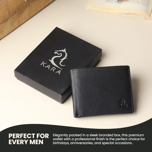 Image of KARA Black Men's Genuine Leather Wallet - Bifold, 2 Cash Compartments, Coin Pocket, 10+ Card Slots, Hidden & Transparent Flip Sections