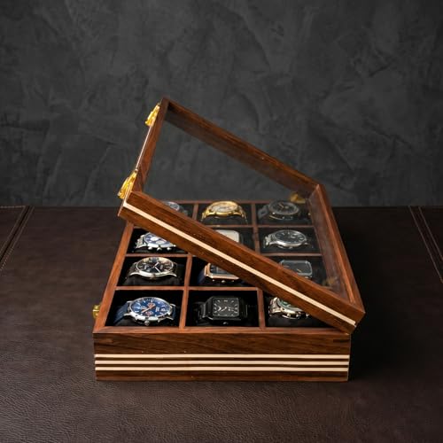 Image of Wooden Watch Box, Storage Organizer, Watch Display Case, Jewelry Holder, Gift for Men & Women - Rosewood Crafted, 3-12 Slots, Handmade Cushions (Twelve Slots)
