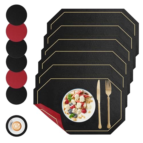 Set di 6 tovagliette con sottobicchieri, in pelle PU bicolore 30 x 20 cm, lavabili e antiscivolo, resistenti al calore, per cucina, sala da pranzo, casa, hotel (nero rosso)