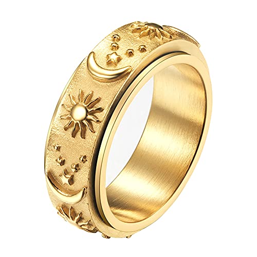 nylry Titanium Stainless Fidget Ring 8mm Moon Star Sun Spinner Rings Silver Gold Black Stress Relieving Anxiety Ring Wide Carved Worry Band for Women Men Teens Size 5-12 Gold Size 9