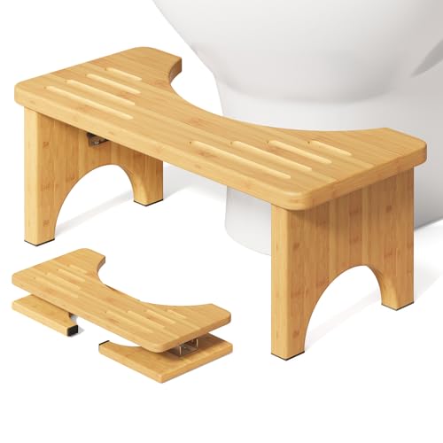 Squatting Potty for Adults Foldable, 7In Bamboo Toilet Stool Squat Adult and Kids, Wood Travel Poop Stool for Bathroom, Wooden Portable Toilet Foot Step, Premium Flip Pooping Potty Stool