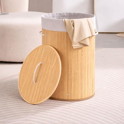Image of Rioware Bamboo laundry bag basket for clothes with lid toy storage organiser box foldable Round Home Organizer and Storage | Eco Friendly | Compact and Easy to carry- Brown Econest