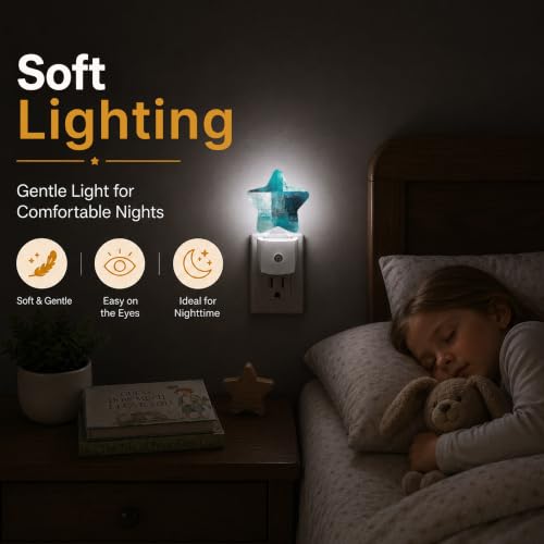 Image of Star Night Light Plug in, Blue Graffiti Dusk to Dawn Sensor Night Light, Soft Glow Lamp for Kids Bedroom Nursery Hallway Bathroom, Energy Saving Compact Design