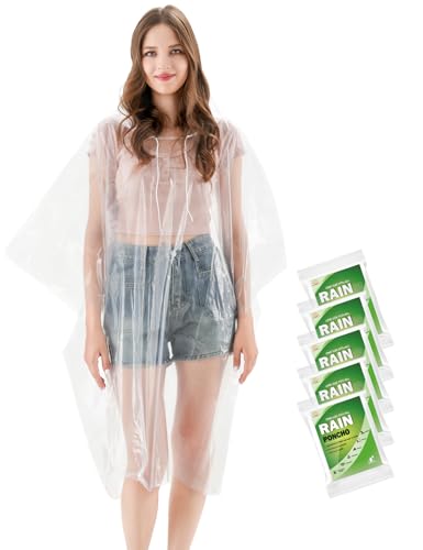 AceFly Disposable Rain Ponchos for Adults 5 Pack-Clear Emergency Waterproof Ponchos with Drawstring Hood