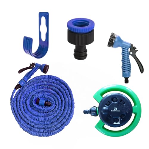JR QualityProduct 50ft Garden Hose Bundle, 7-Function Spray Gun, 7-Pattern Sprinkler, Wall Bracket, Blue
