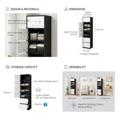 Image of EXVITO Engineered Wood Wardrobe for Bedroom | Foldable 6-Shelf Wooden Storage Cabinet | Cupboard Almirah for Clothes | Collapsible Wardrobe | Space Saving Wooden Cabinet - Black