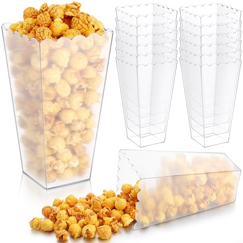 Reallnaive 12 Pack Plastic Popcorn Containers 40oz Clear Reusable Movie Theater Popcorn Bucket DIY Candy Bar Boxes Snack Bowl for Movie Night Wedding Carnival Party, 7.8 Inch Tall x 3.8 Inch Square