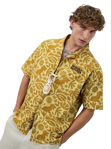 Image of The Souled Store Lion King: Hakuna Vibes Men and Boys Short Sleeves Collared Neck Button Front Yellow All Over Printed Oversized Fit Cotton Holiday Shirts