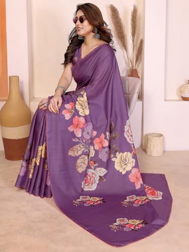 Image of Satrani Women's Tussar Silk Floral Printed Saree with Unstitched Blouse Piece
