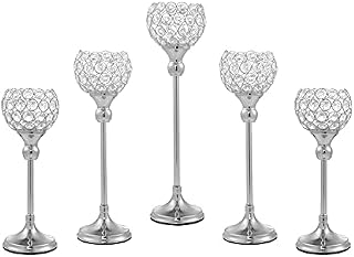VINCIGANT Crystal Tea Light Candle Holders for Wedding Candlelight Table Decoration, Anniversary Thanksgiving Gifts,Silver Dinner Vases for Decorative Home Accessories5pcs,Silver