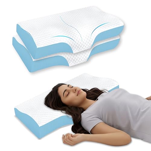 Image of Orthopedic Contour Pillow Set of 2, Rebound Memory Foam Cervical Support for Neck, 48x30x9 cm, Breathable Skin Friendly Mesh Cover with Zippe,Sky