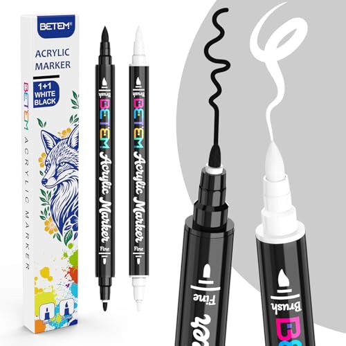 Image of Betem 2 Black & White Paint Markers for Glass, Dual Tip Acrylic Paint Pens