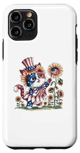 Carcasa para iPhone 11 Pro Feliz 4 de julio lindo gato gatito dueño amante animal bandera de Estados Unidos