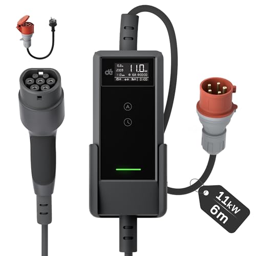 dé Mobile Wallbox/Ladestation 11kW [6m|3-phasig|6-16A] Ladekabel CEE 16A auf Typ 2 mit Einstellbarer Ladeleistung Ev Charger Wallbox 11kw für Model Y/3 e-tron und BEV/PHEV