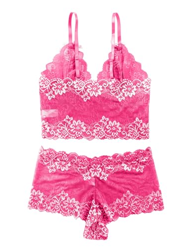 Image of Lilosy Sexy Lingerie for Women Lace Pajamas Set Cami Bra and Panty High Waist Sheer Sleepwear 2 Piece 2XS-6XL