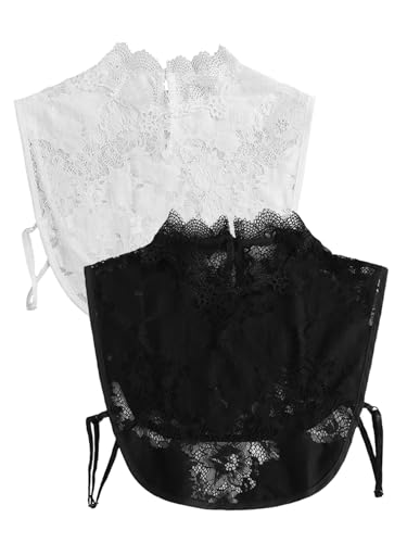 Eyibenlilan Womens Detachable Lace Dickey Collar Shirt Elegant Faux Collar with Floral Lace Trim (White & Black)