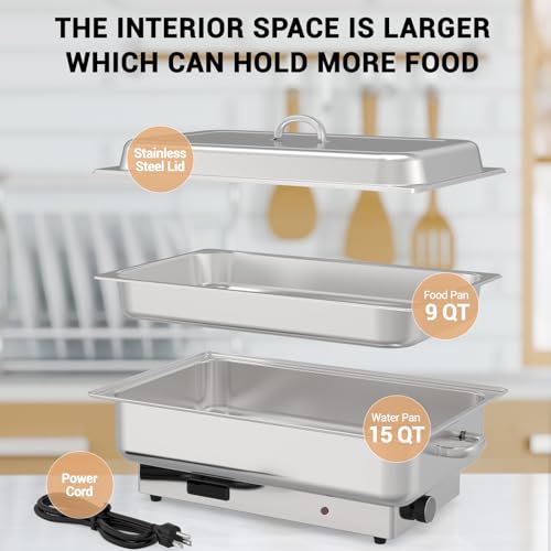 Image of Electric Chafing Dish Buffet Set, 9 QT Full Size Stainless Steel Food Warmer with Temperature Control Display, Rectangular Commercial Chafer for Parties, Catering, Festivals