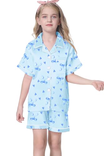 Image of Umeyda Women & Girls Pajamas Set, Soft Satin Lightweight Silk Button-Down Top with Shorts 2 Piece PJS for Mom Boys Kids Gifts