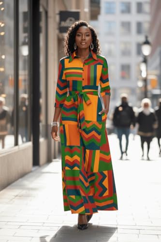Image of Runwind Women Church Maxi Dresses 3 /4 Sleeve Button Down Print Casual Office Dress African