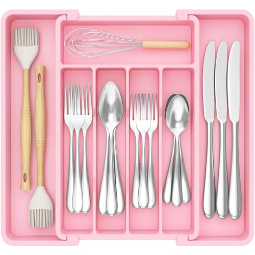 Lifewit Silverware Drawer Organizer, Expandable Utensil Tray for Kitchen, BPA Free Flatware and Cutlery Holder, Adjustable Plastic Storage for Spoons Forks Knives, 8.5"-14.1" x 12.1", Pink