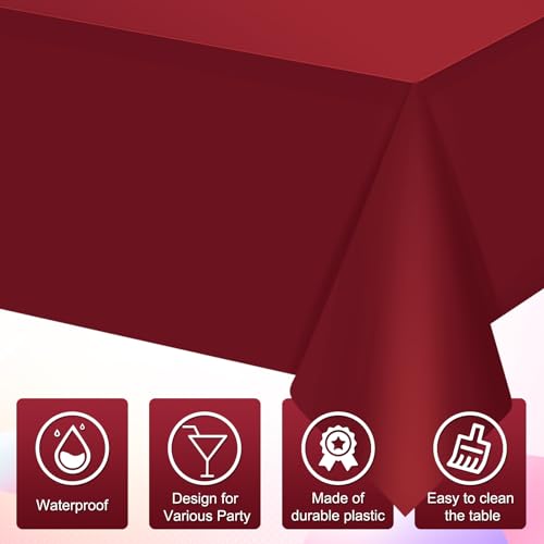 Image of 16 Pack Maroon Plastic Tablecloth for Rectangle Tables, Premium Decorative Burgundy Disposable Table Cloths for Parties, Rectangle Party Table Cover for Birthday Anniversary Graduation, 54x108 Inch