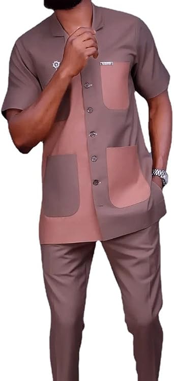 Mens African Shirt Suit Two Pieces Set Dashiki Shirt and Pant Short Sleeve Outfit Tracksuit Traditional Clothing