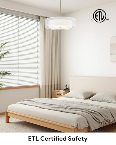 Image of VONLUCE 20.1 inch Drum Chandelier, 3-Light Fabric Modern Ceiling Light Fixture