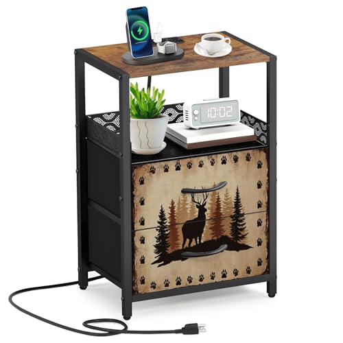 Hunting Rustic Night Stand with Charging Station, Deer Bear Paw