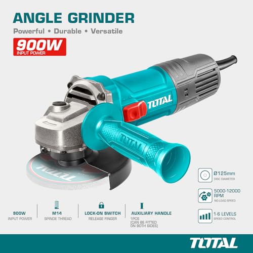 Image of TOTAL Professional Angle Grinder Machine, 900W 125mm /5'' Disc Angle Grinder | 5000-11000 RPM Variable Speed, Copper Winding Motor, M14 Spindle, Lock-On Switch & Side Handle for Cutting and Grinding
