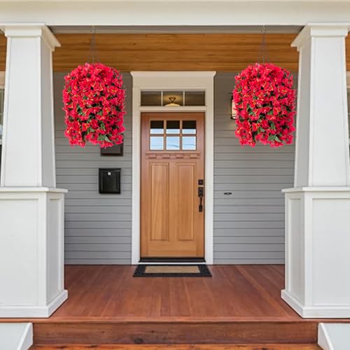 Image of INSPRING Artificial Bougainvillea Faux Flowers Plants Baskets for Outdoor Outside Decoration, 3PCS Fake Silk Flowers Long Trailing Vines UV Resistant Realistic for Front Door Porch Patio (Red)