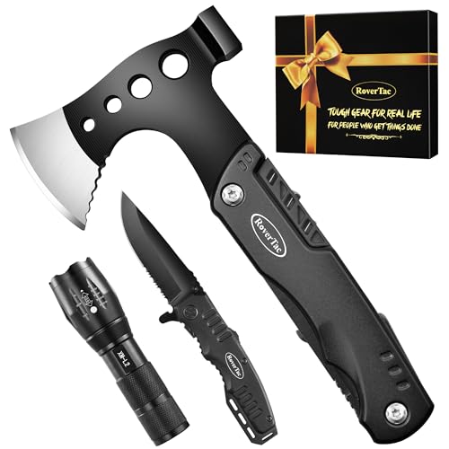 RoverTac Camping Gear Survival Tools Kit Multi Tool Set, 11-in-1 Multitool Axe, High Lumen LED Flashlight, Pocket Knife - Perfect for Camping Survival Hiking Fishing, Tools Gifts for Men.