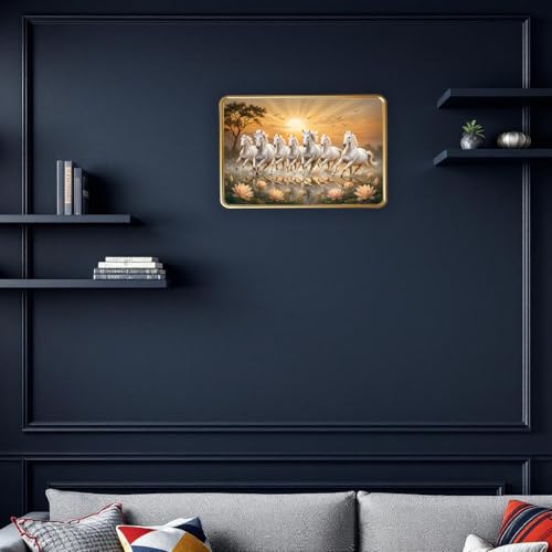 Image of Dharvika Innovations Vastu 7 Seven Running Horse Photo Frame, Golden Slim Frame, Sparkle Coated Lamination, 30x45 cm (Design 7)