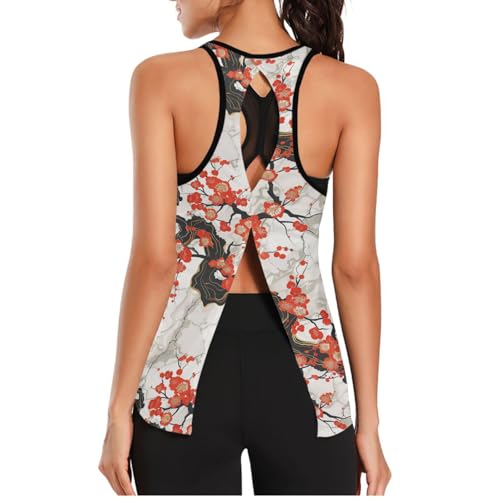 voucong Camiseta sin mangas de yoga para mujer, de tela de malla, holgada, de manga corta, para correr, músculo, para yoga, color mármol, Marble Wintersweet Plum Blossom Red, XXL