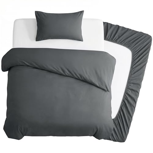 Deconovo 3 Piece Single Bedding Sets Brushed Microfibre Single Duvet Cover Set with 35cm Deep Fitted Sheet and 1 Pillowcase Soft Quilt Cover for Single Bed - Grey