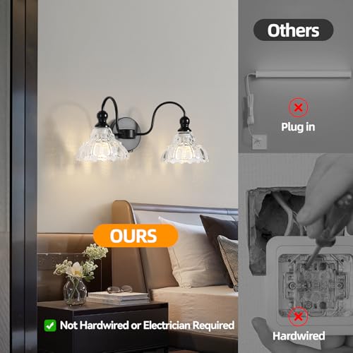 Image of camuucci Battery Bathroom Light Fixtures 10000mAh Rechargeable 2-Light Black Modern Vanity Lights Indoor Not Hardwired with Remote Control Wall Sconce for Mirror Living Room Bedroom(Bulbs Included)
