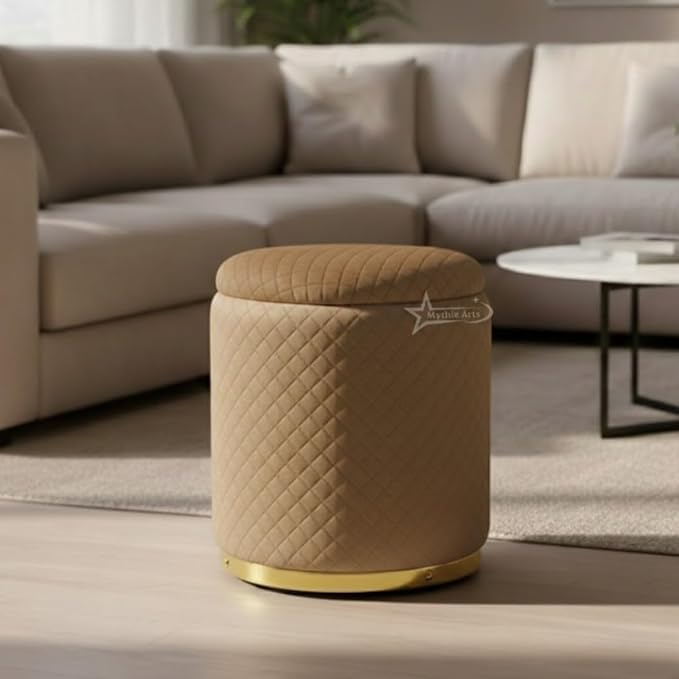 Image of Premium Round Storage Ottoman Stool 13 X 13X 16 inch, with Gold Metal Base | Luxury Pouffe with Hidden Storage | Cushioned Footrest for Living Room, Bedroom & Lounge Coffee