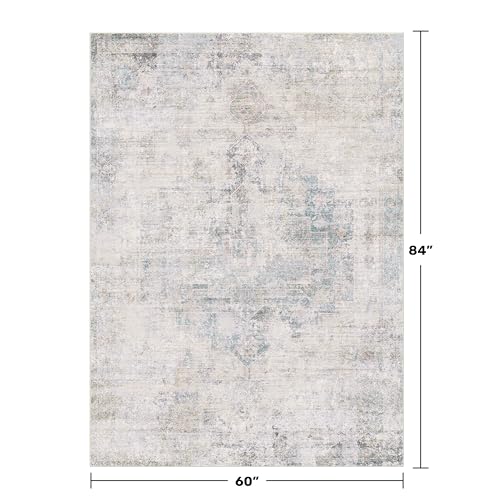 Image of Low Pile Office Rugs for Rolling Chairs - 5x7 Abstract Rugs for Living Room, Large Entryway, Cream Slate Blue Decor, Non Slip with Rubber Backed & Stain Resistant