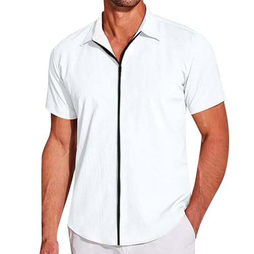 Chemise de Plage d'été décontractée à Manches Courtes avec Fermeture éclair pour Hommes, Chemise élastique froissée à Texture légère (White, XXL)