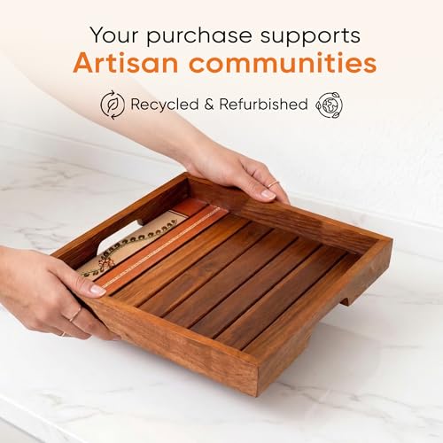 Image of AAKRITI ART CREATIONS Rosewood Tray Set of 2 | Handcrafted Floral Art | Natural Brown Wooden Trays & Platters with Handle | Matte Finish Home Trays | Trays for Dining Table & Kitchen Organizer