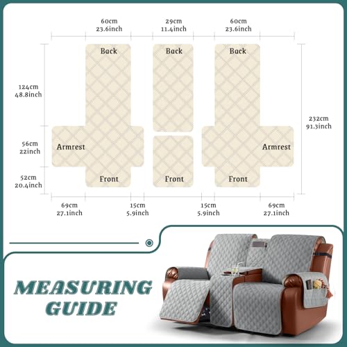 Image of Ruaozz Waterproof Loveseat Recliner Cover with Console Non-Slip Reclining Couch Covers Split Sofa Slipcovers with Elastic Straps Furniture Protector for Kids, Dogs, Pets (Light Grey, 2 Seater)