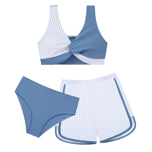 Image of Weixinbuy Girl's 3 Piece Swimsuit Teen Swimwear Tropical Print Twist Cross Bikini Bathing Suit with Cover Up Shorts Size 9-16