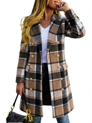 Image of IDEALSANXUN Long Wool Coats for Women Tweed Blazer Plaid Jacket 2025 Fall Winter Double Breasted Trench Coat Peacoats (Plaid Brown New, XXL)